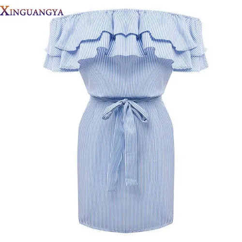 2017 Summer dress Girls Bandage Striped Party Dresses Sexy Ruffles Shoulder-Off Shirt dress Women Bodycon Dresses Vestido