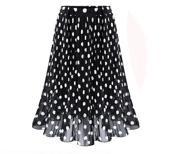 2017 Vintage pleated skirts Polka Dot Chiffon Skirt all-match Waist Fold slim Skirts Women's waisted Midi Skirt Ukraine Black