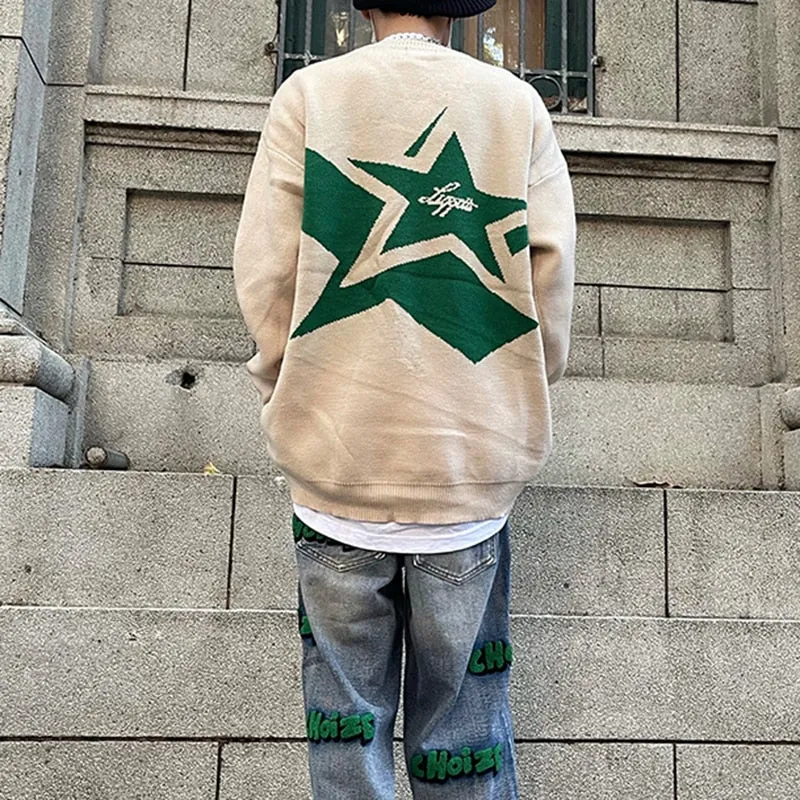 Advbridge Japanese Retro Alphabet Stars Crew Neck Sweater Men and Women Pullover High Street Oversize Loose Casual Autumn Sweaters