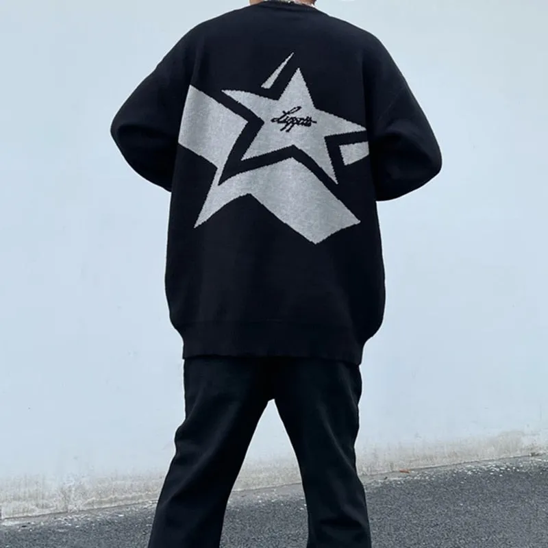 Advbridge Japanese Retro Alphabet Stars Crew Neck Sweater Men and Women Pullover High Street Oversize Loose Casual Autumn Sweaters