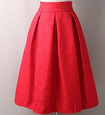 AKITSUMA Summer Midi Skirts Womens High Waist A-Line Skirt Knee-Length Casual Solid Polyester Skirt Red White Black