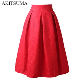 AKITSUMA Summer Midi Skirts Womens High Waist A-Line Skirt Knee-Length Casual Solid Polyester Skirt Red White Black