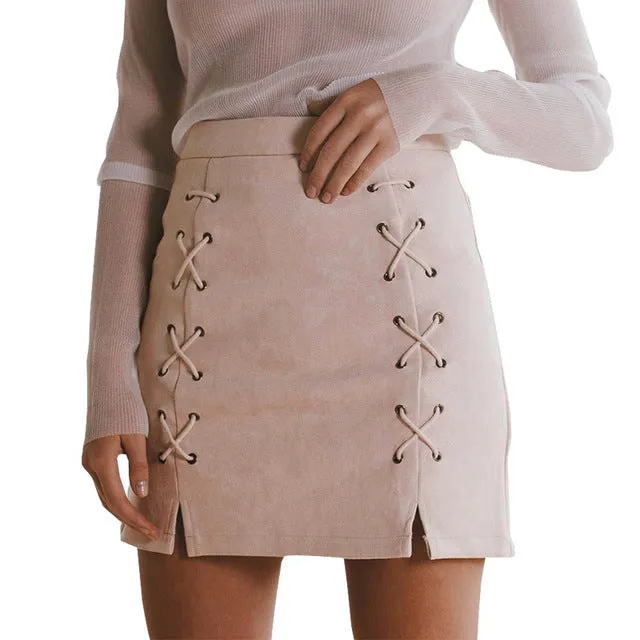 Autumn Winter A-line High Waist Suede Leather Skirt Women Solid Lace up Vintage Preppy Casual Mini Skirts Black Nude