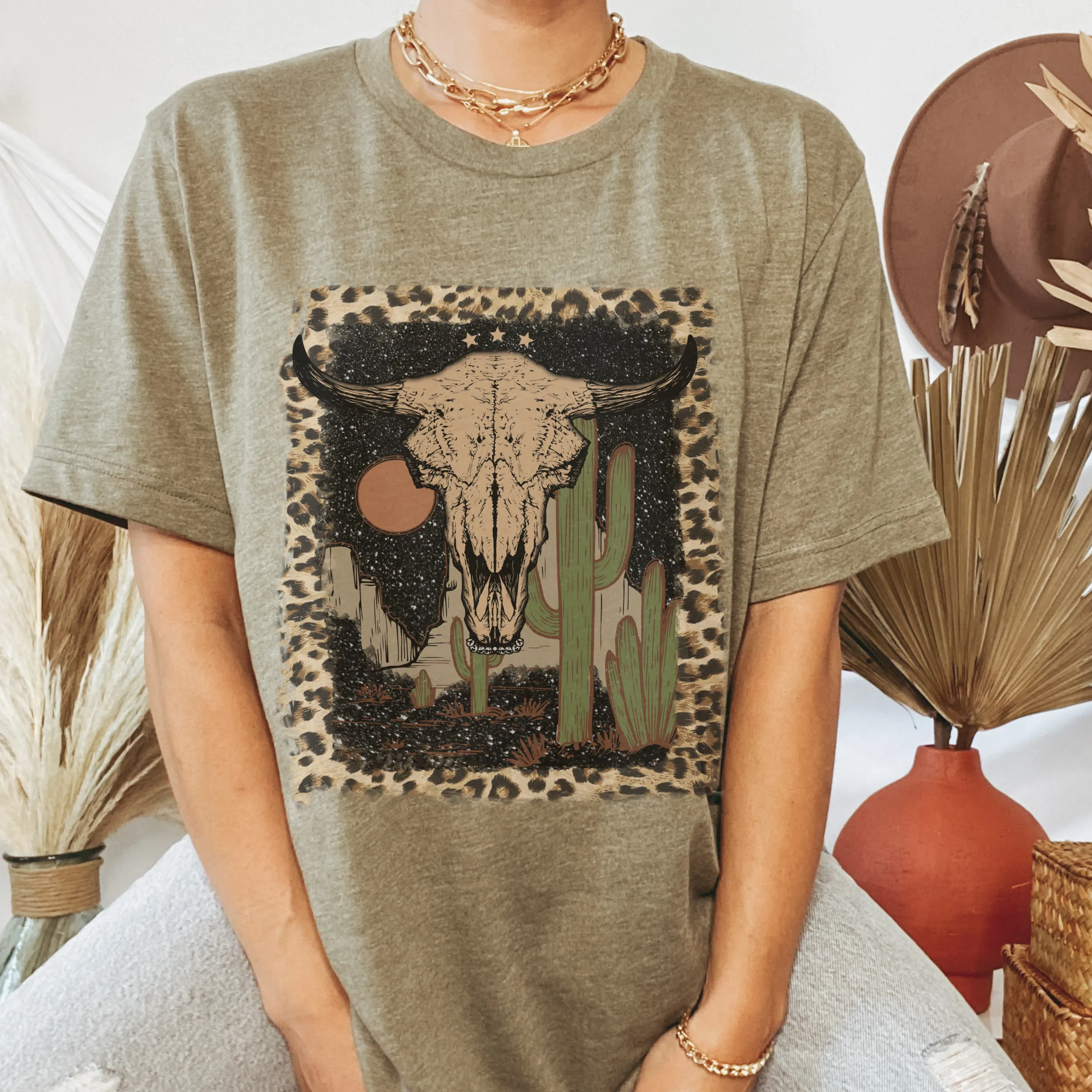 Bull Skull Desert Bella Canvas® Unisex Jersey Short Sleeve Tee in Natural, White, Dark Heather or Heather Olive Desert Bull Skull T-Shirt