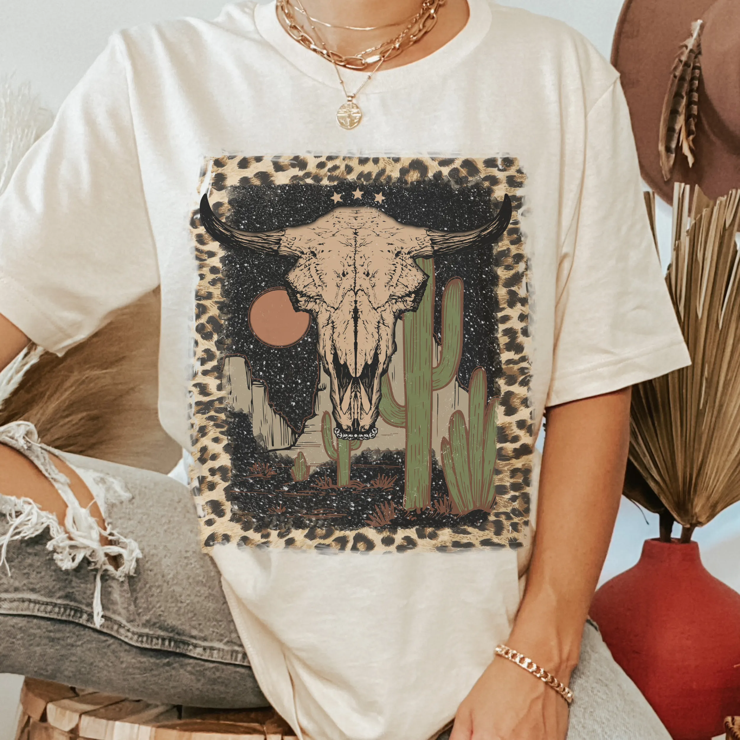 Bull Skull Desert Bella Canvas® Unisex Jersey Short Sleeve Tee in Natural, White, Dark Heather or Heather Olive Desert Bull Skull T-Shirt