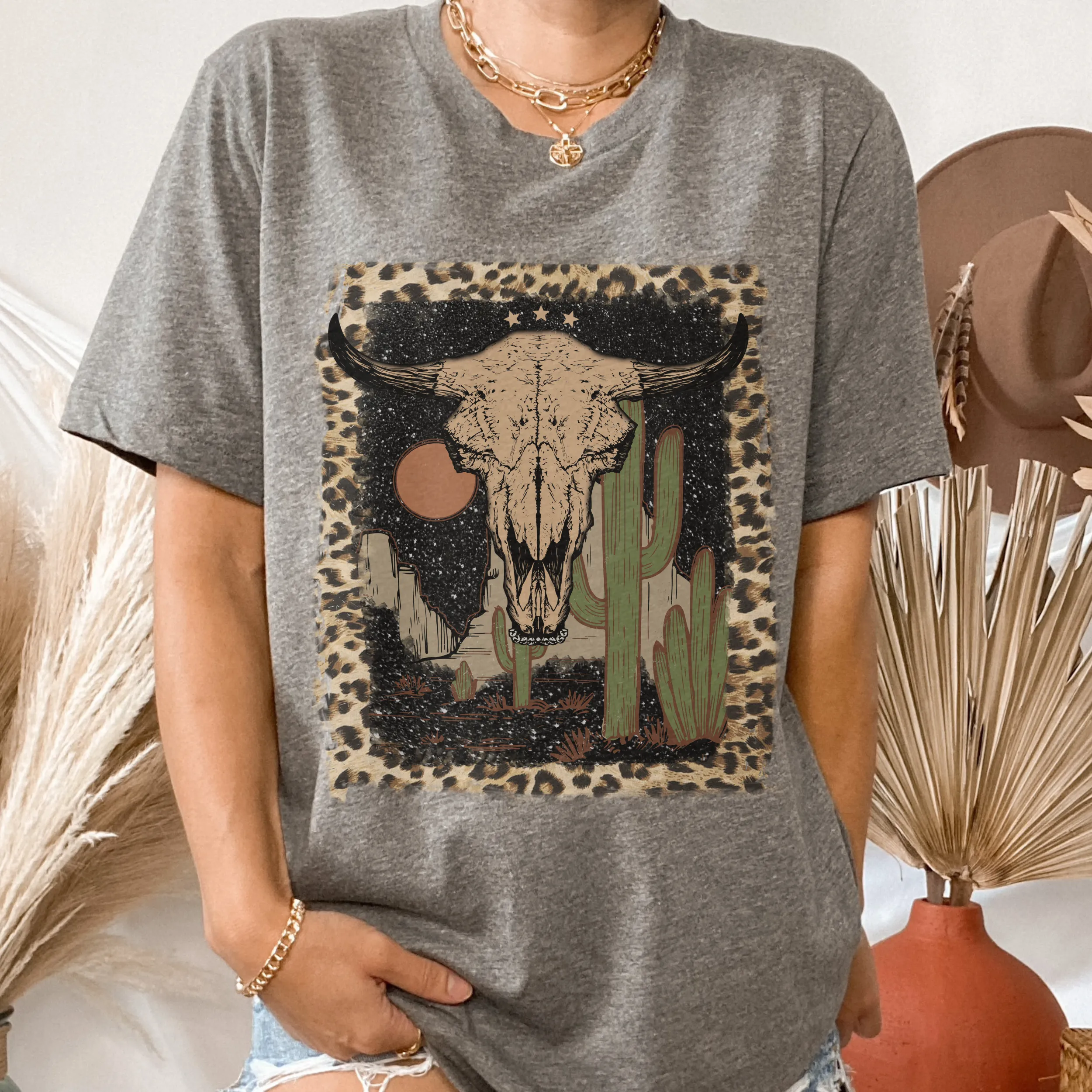 Bull Skull Desert Bella Canvas® Unisex Jersey Short Sleeve Tee in Natural, White, Dark Heather or Heather Olive Desert Bull Skull T-Shirt