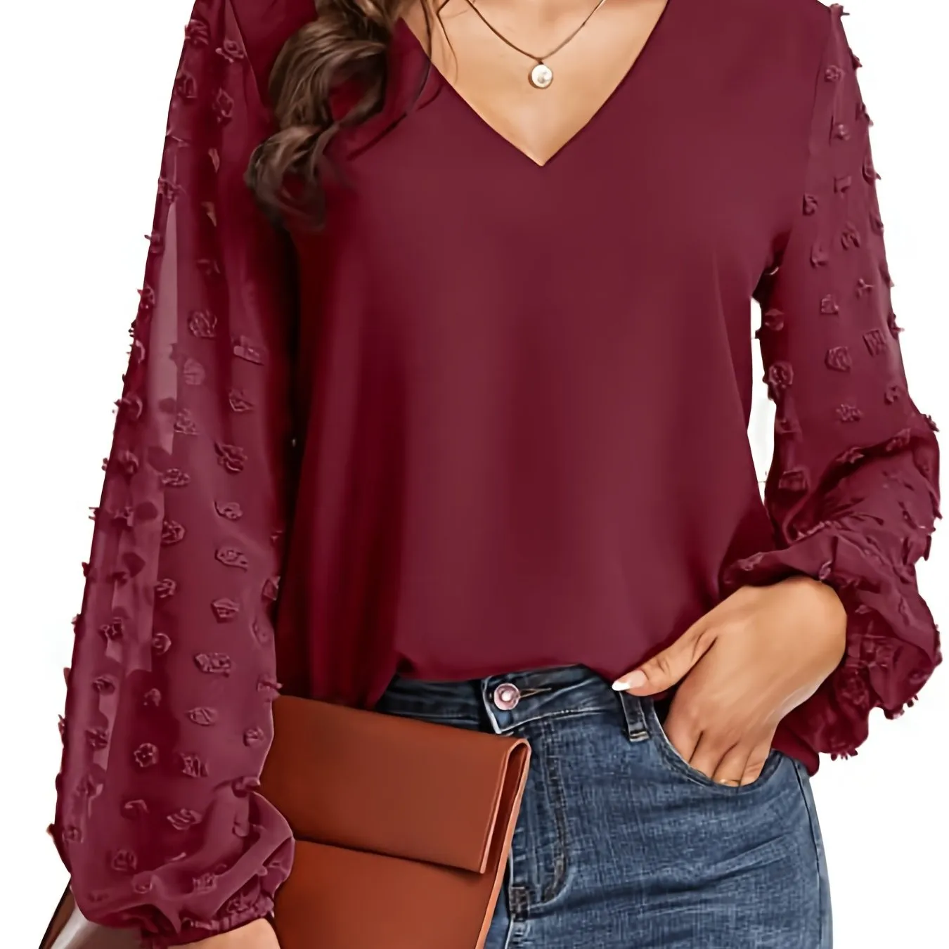 Chic Swiss Dot Sleeve Shirt V Neck Casual MustHave for Women