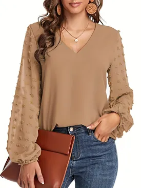 Chic Swiss Dot Sleeve Shirt V Neck Casual MustHave for Women