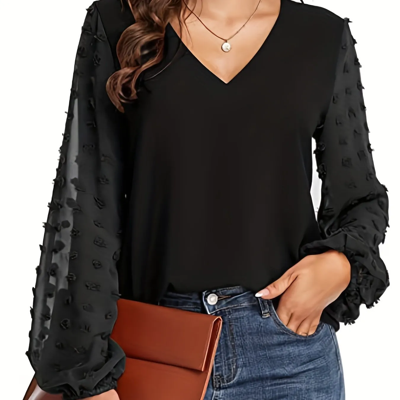 Chic Swiss Dot Sleeve Shirt V Neck Casual MustHave for Women