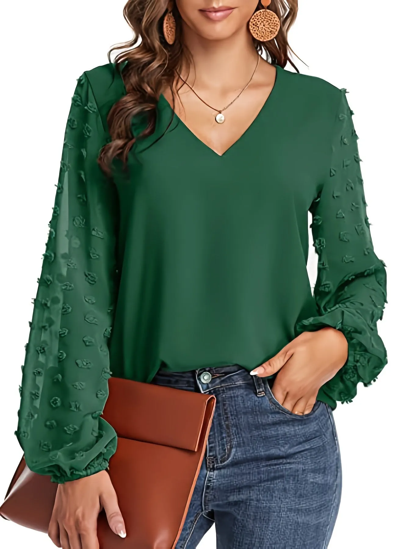 Chic Swiss Dot Sleeve Shirt V Neck Casual MustHave for Women