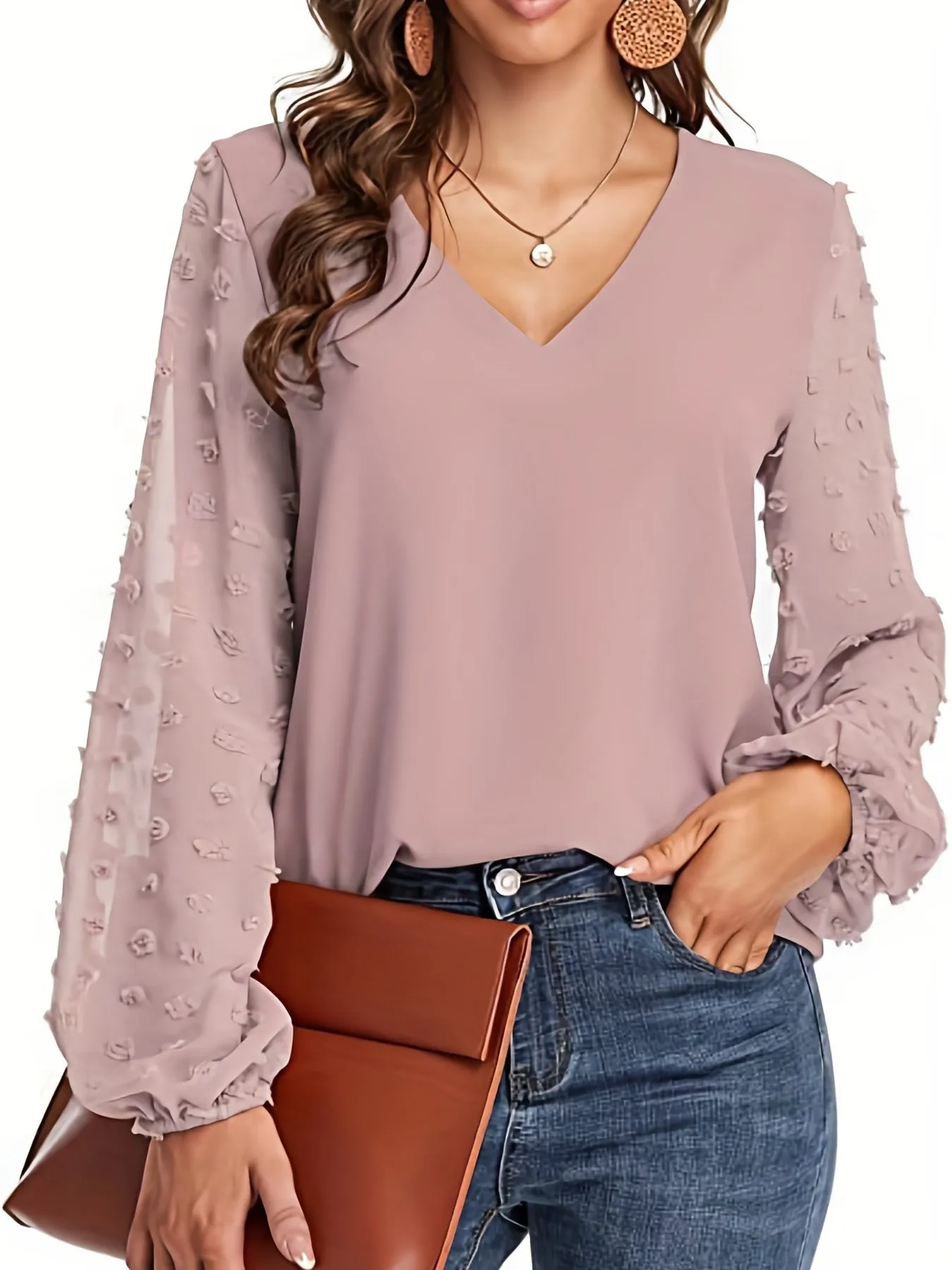 Chic Swiss Dot Sleeve Shirt V Neck Casual MustHave for Women