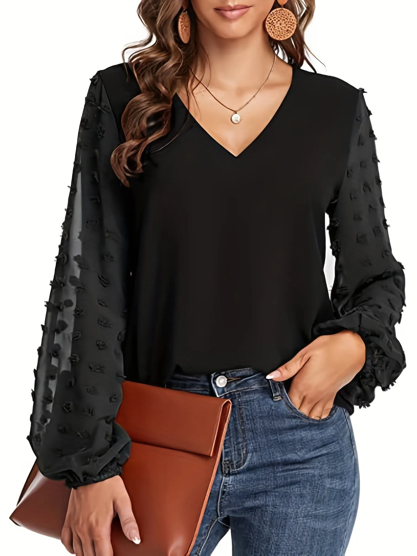 Chic Swiss Dot Sleeve Shirt V Neck Casual MustHave for Women