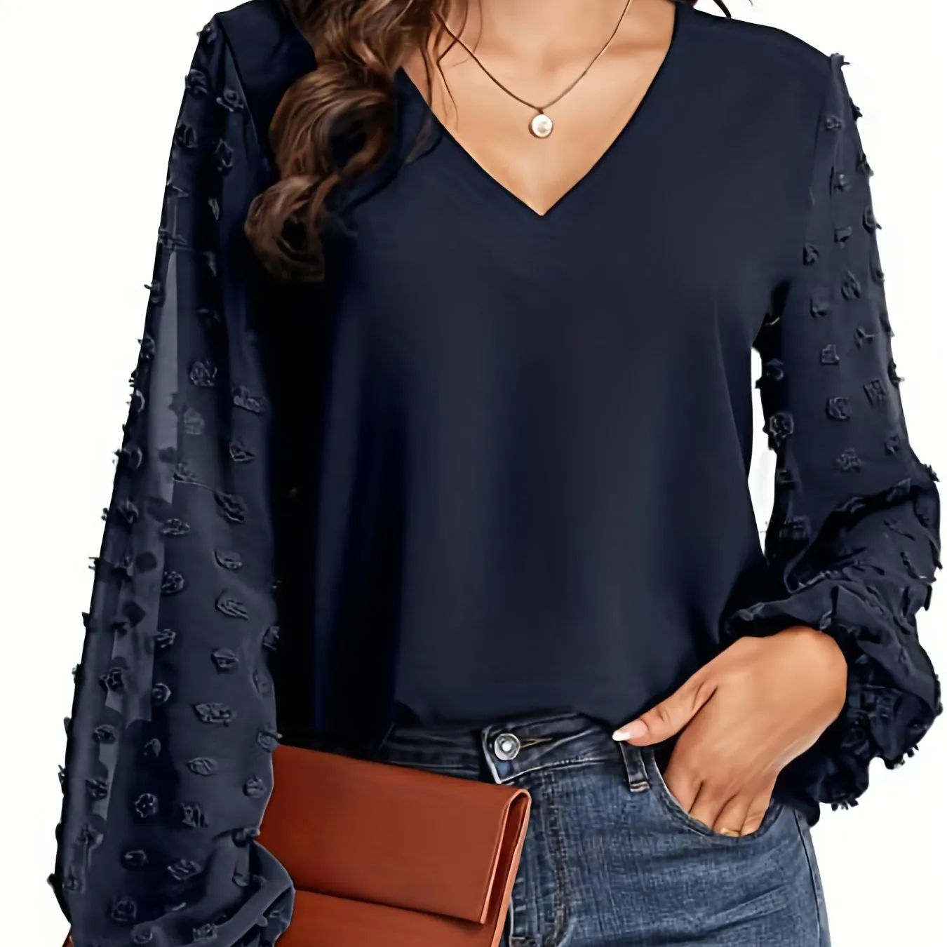 Chic Swiss Dot Sleeve Shirt V Neck Casual MustHave for Women