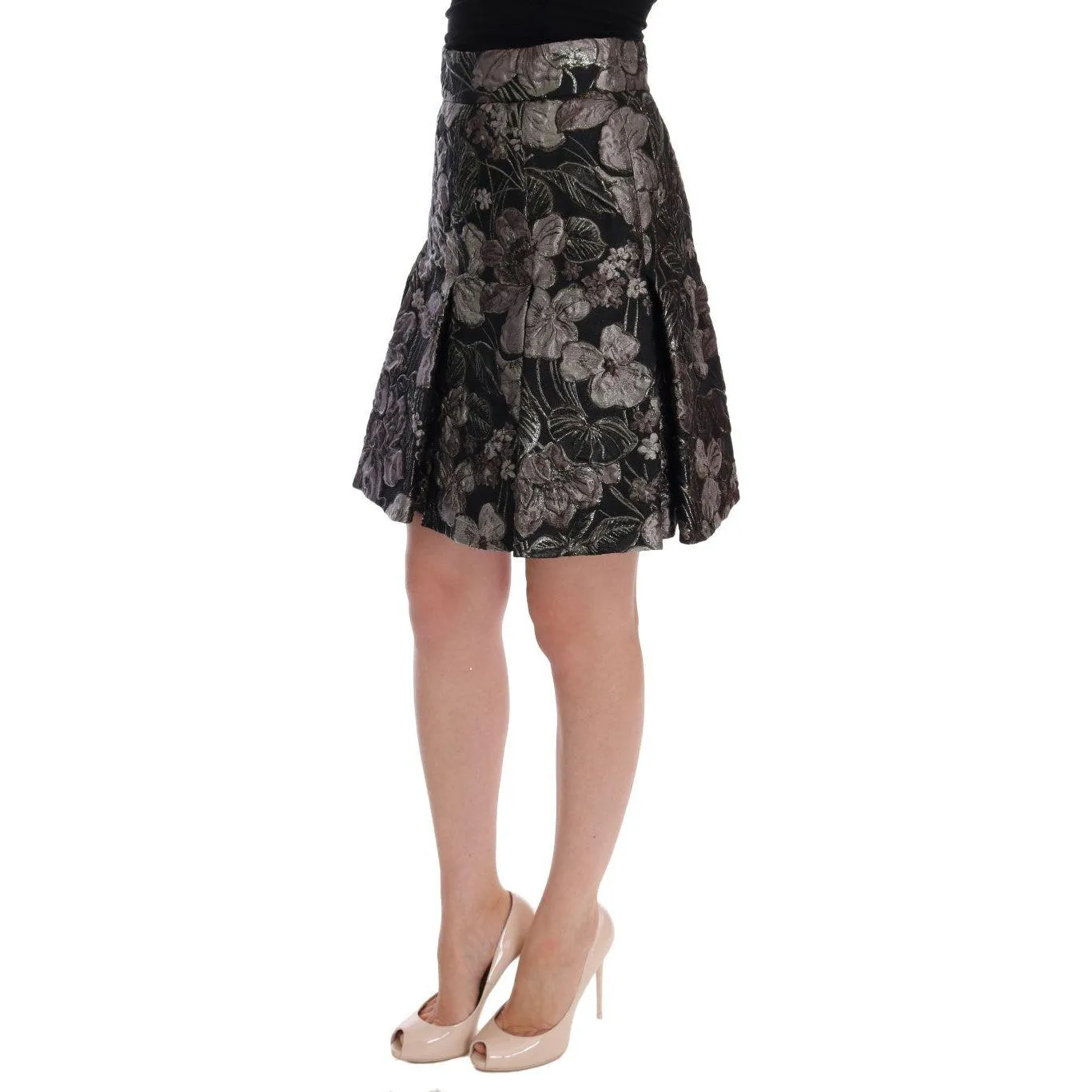 Dolce & Gabbana Elegant Black Silver-Floral Straight Skirt