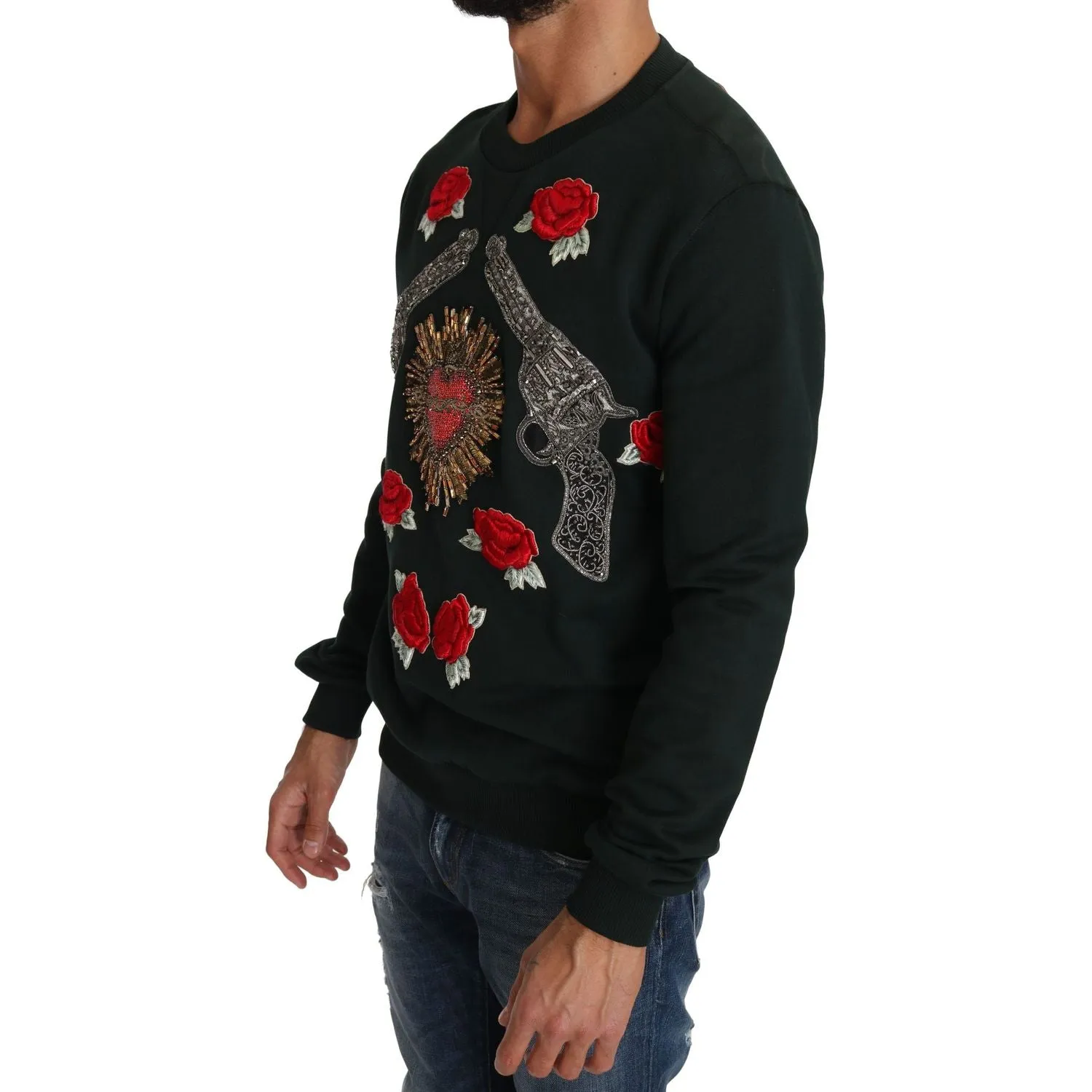 Dolce & Gabbana Emerald Cotton Sweater with Crystal Embroidery