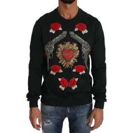 Dolce & Gabbana Emerald Cotton Sweater with Crystal Embroidery