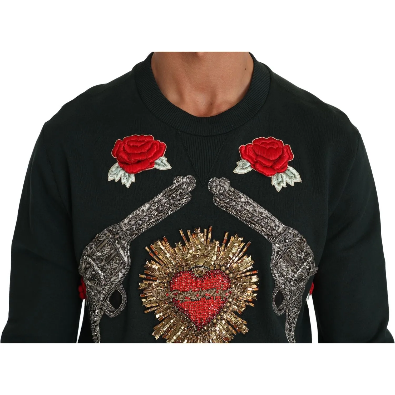 Dolce & Gabbana Emerald Cotton Sweater with Crystal Embroidery