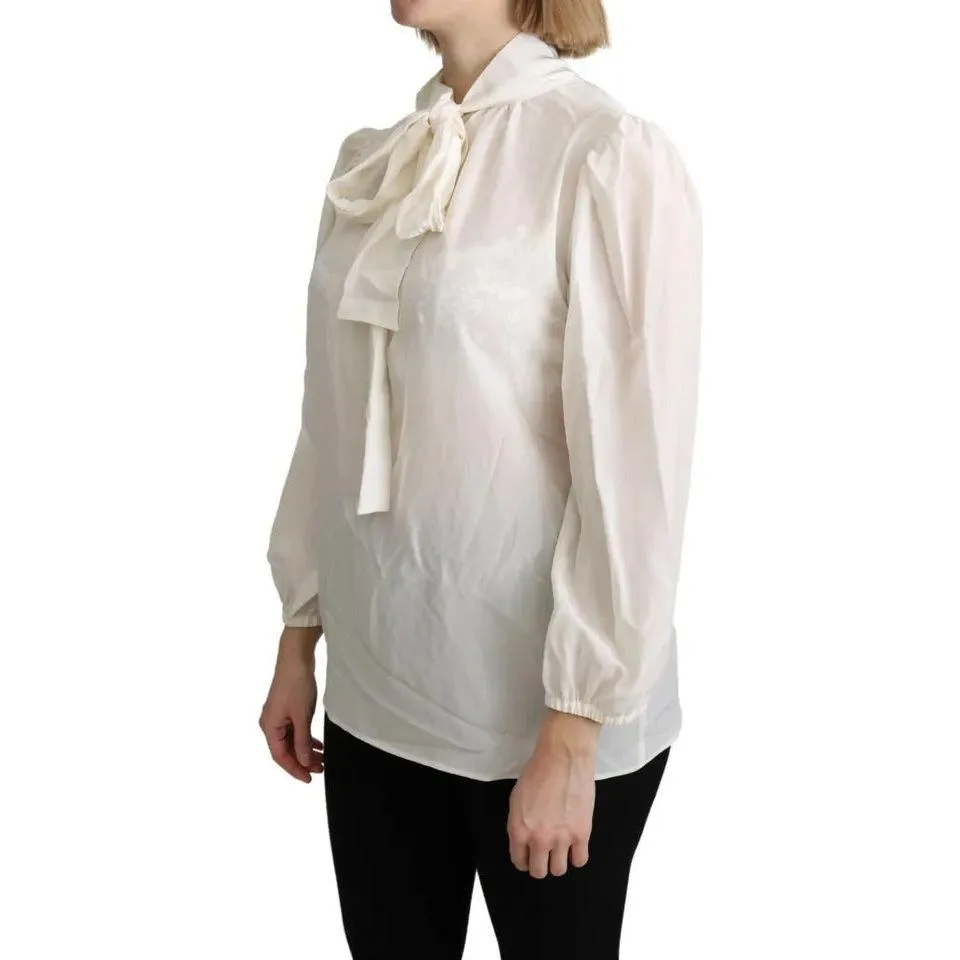 Dolce & Gabbana Off White Scarfneck Long Sleeves Blouse Silk Top