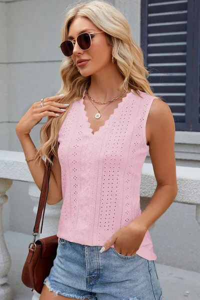 Eyelet V-Neck Wide Strap Tank