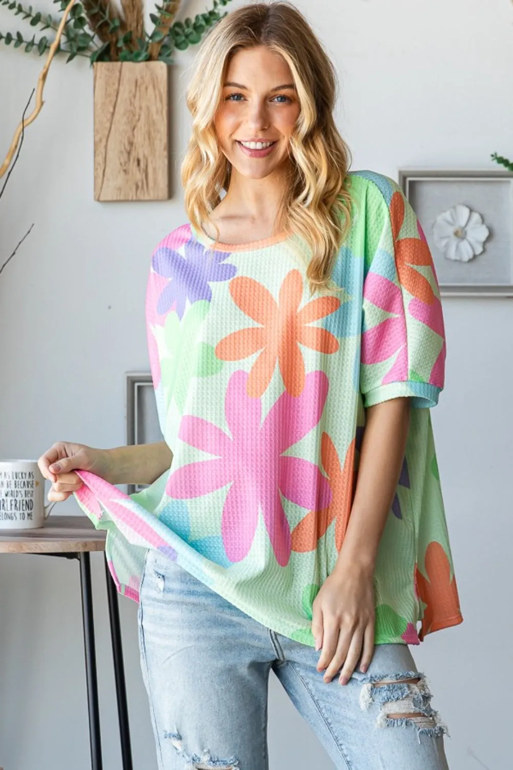 Floral Round Neck Waffle T-Shirt