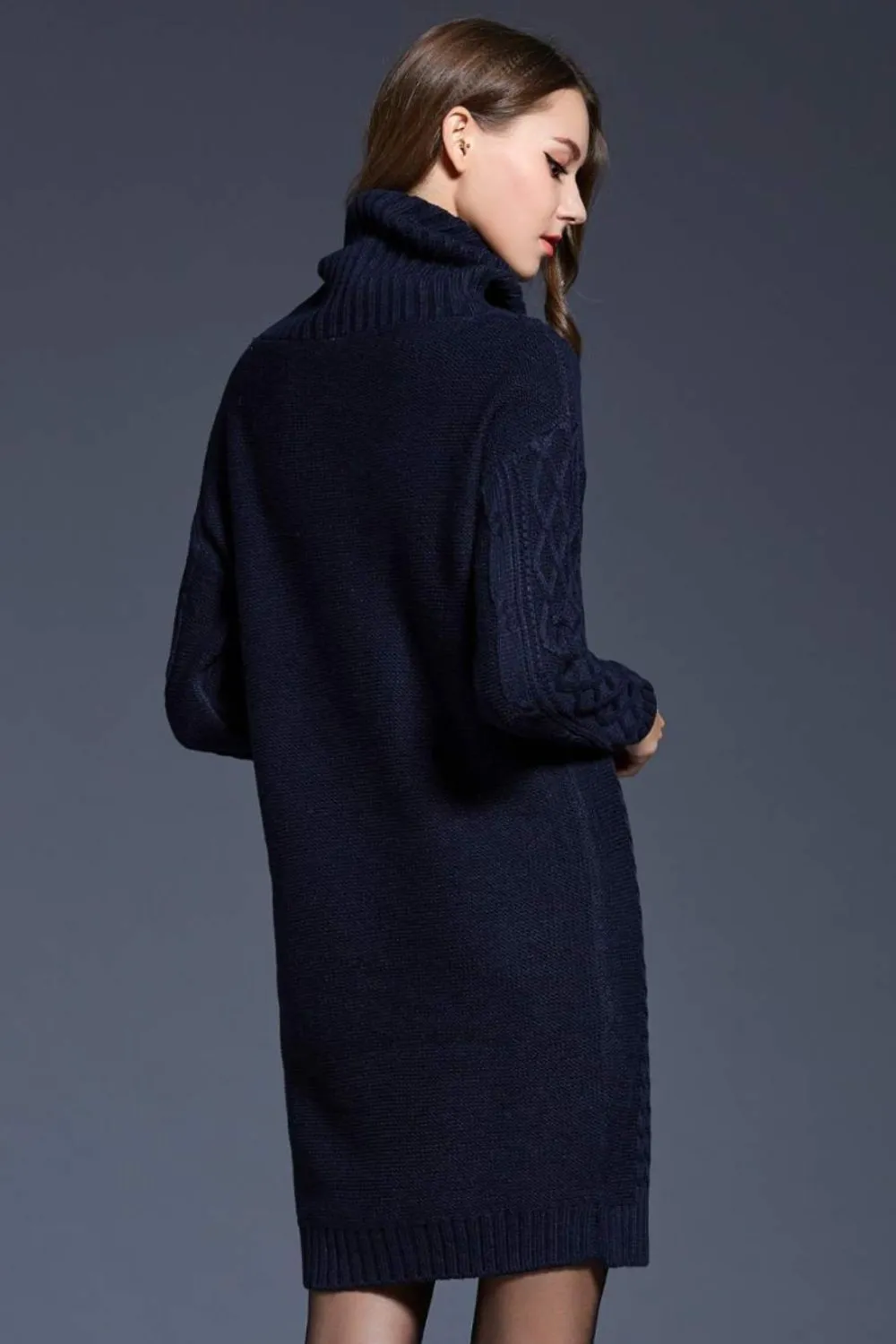 Full Size Mixed Knit Cowl Neck Dropped Shoulder Sweater Dress