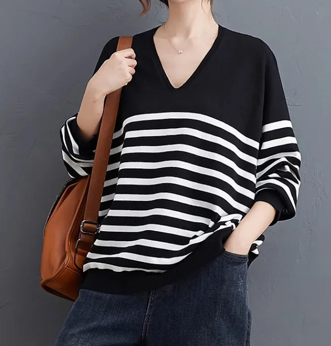 Loose Fall striped V-neck top,Women Cotton Tops Women Blouse 9506