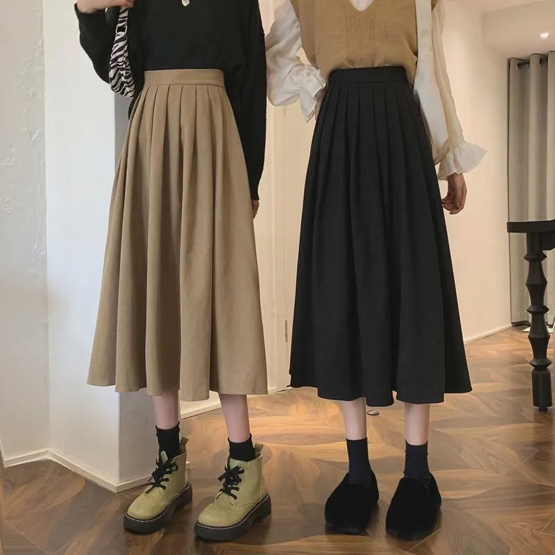 Lucyever Fashion High Waist Pleated Skirt Women Korean Elegant College Style Midi Skirt Ladies Spring Autumn Casual A-line Skirt