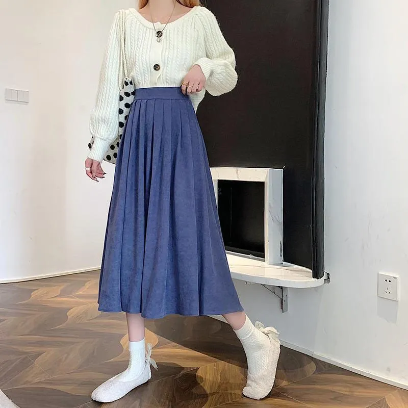 Lucyever Fashion High Waist Pleated Skirt Women Korean Elegant College Style Midi Skirt Ladies Spring Autumn Casual A-line Skirt