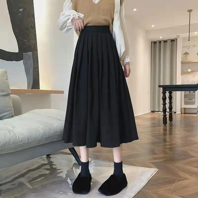 Lucyever Fashion High Waist Pleated Skirt Women Korean Elegant College Style Midi Skirt Ladies Spring Autumn Casual A-line Skirt