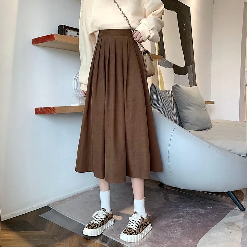 Lucyever Fashion High Waist Pleated Skirt Women Korean Elegant College Style Midi Skirt Ladies Spring Autumn Casual A-line Skirt