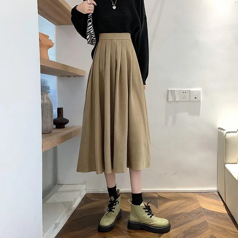 Lucyever Fashion High Waist Pleated Skirt Women Korean Elegant College Style Midi Skirt Ladies Spring Autumn Casual A-line Skirt