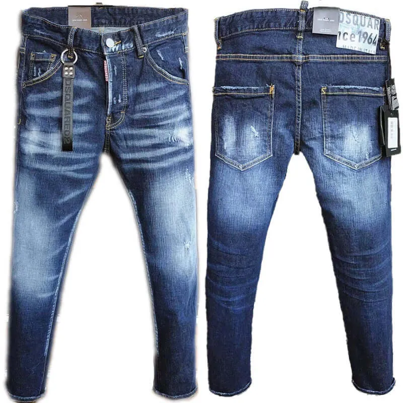 Men Fashion Streetwear Skinny Blue Jeans Trendy Dsquared Stretch Fit-Straight Fit Size 28-38