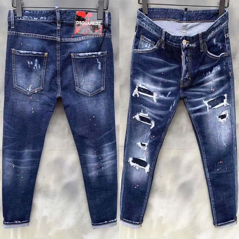 Men Fashion Streetwear Skinny Blue Jeans Trendy Dsquared Stretch Fit-Straight Fit Size 28-38