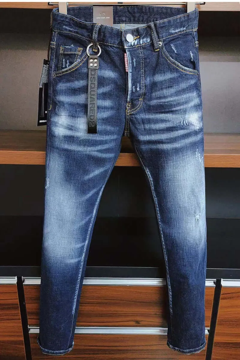 Men Fashion Streetwear Skinny Blue Jeans Trendy Dsquared Stretch Fit-Straight Fit Size 28-38