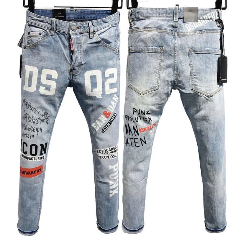 Men Fashion Streetwear Skinny Blue Jeans Trendy Dsquared Stretch Fit-Straight Fit Size 28-38