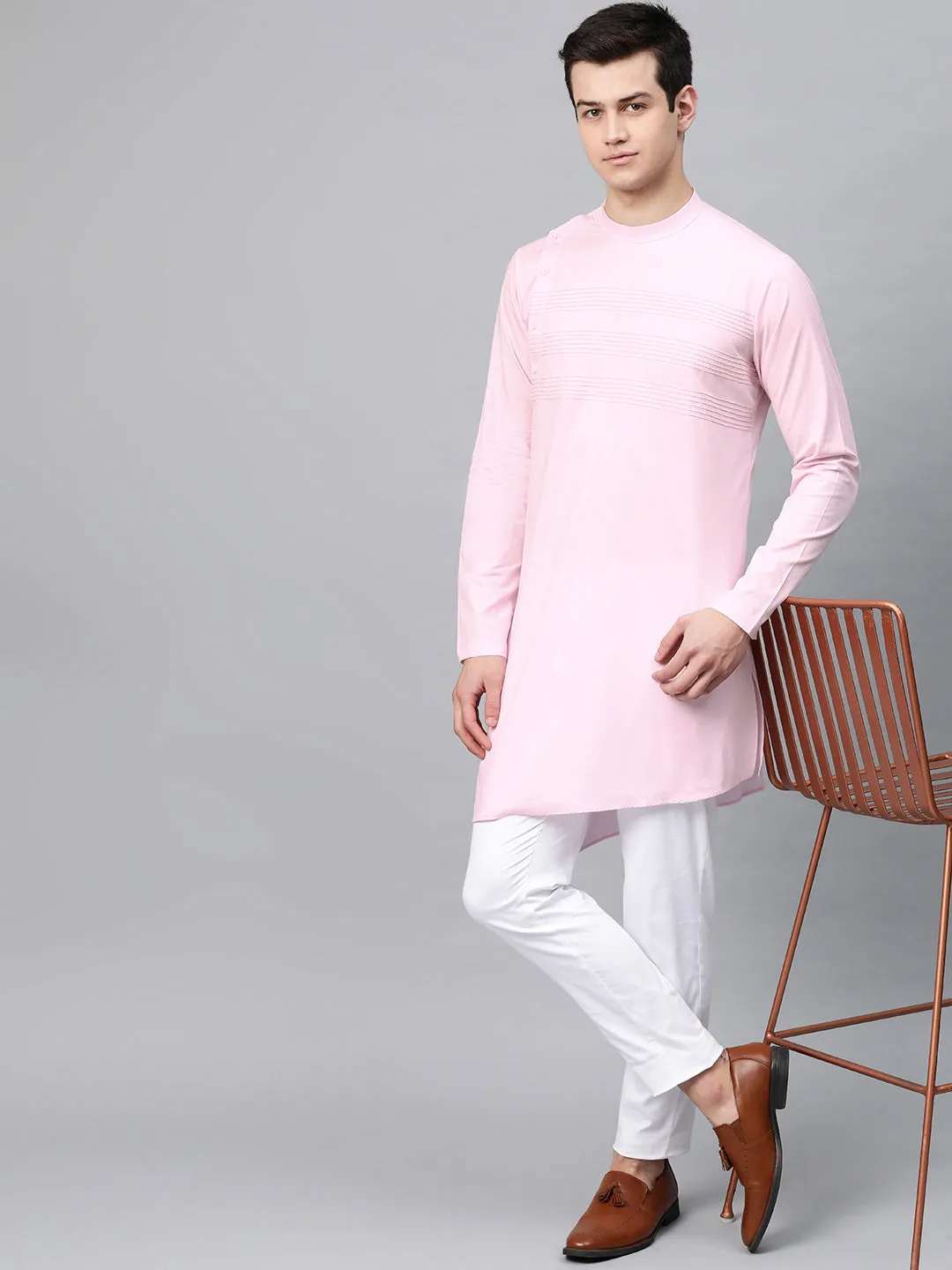 Men Pink Solid Straight Kurta With Yoke Thread Work With Kurta Pyjama