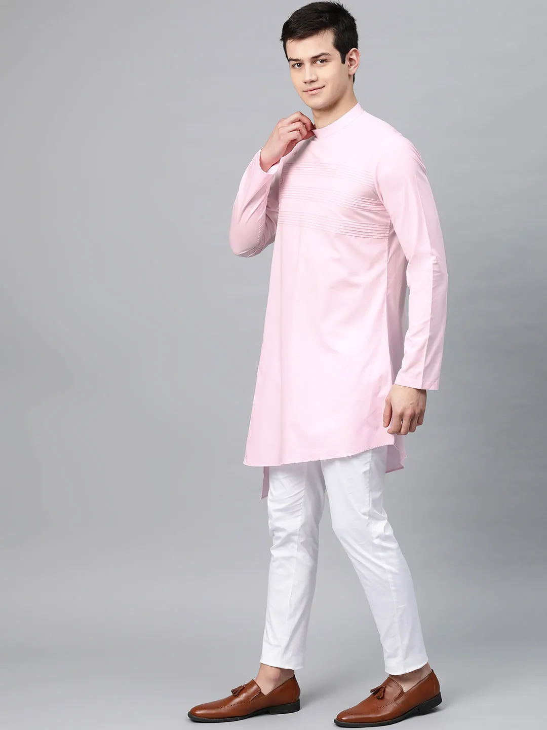 Men Pink Solid Straight Kurta With Yoke Thread Work With Kurta Pyjama