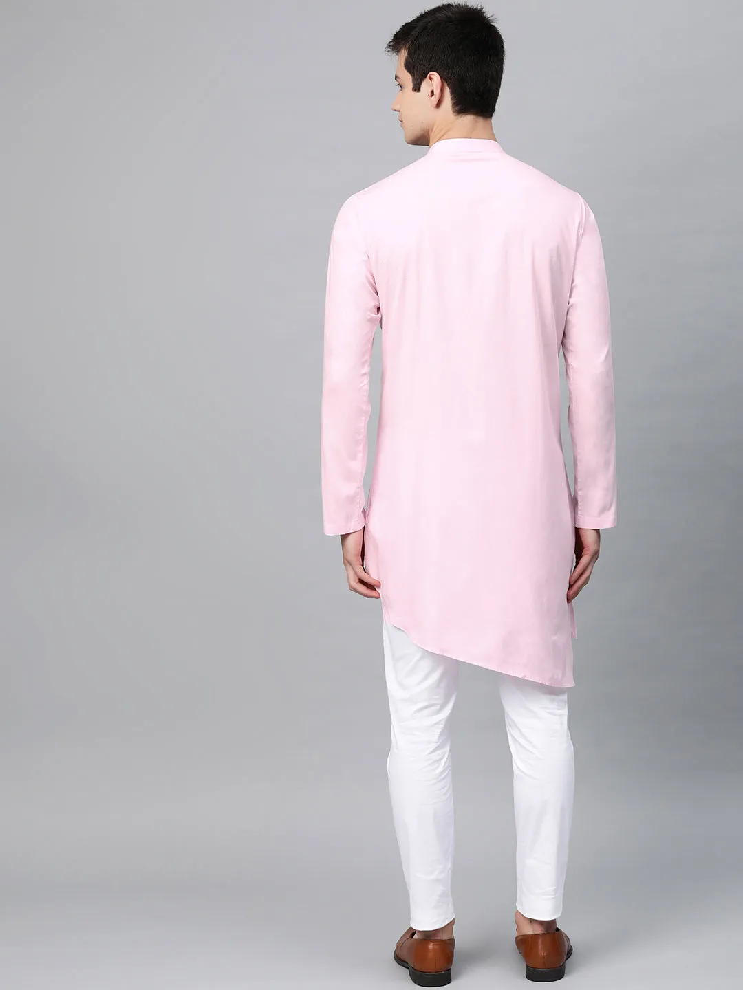 Men Pink Solid Straight Kurta With Yoke Thread Work With Kurta Pyjama