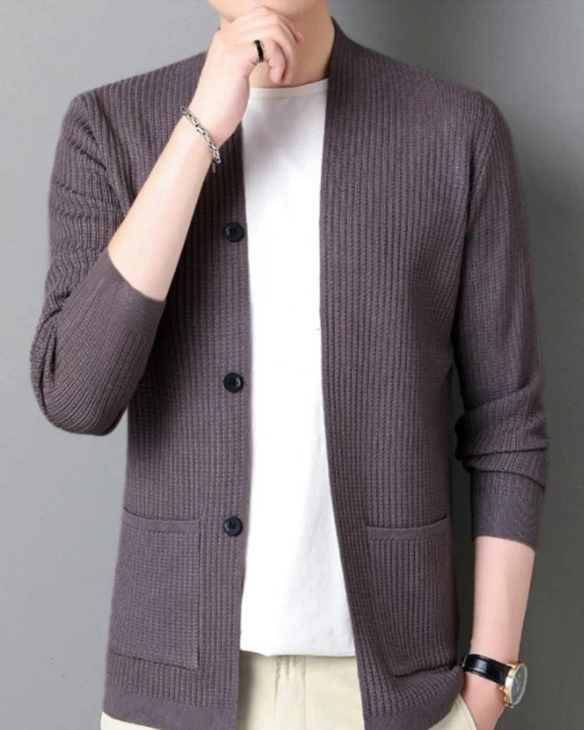 Mens Casual Open Cardigan with Faux Button Design