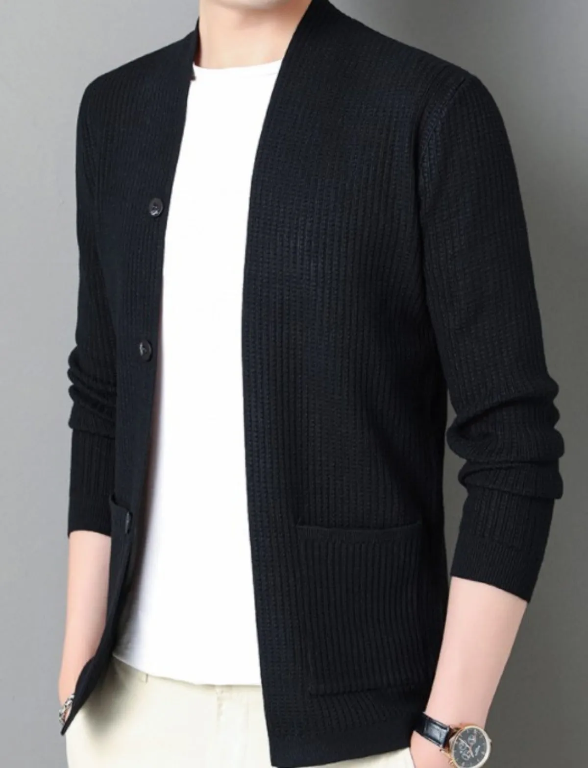 Mens Casual Open Cardigan with Faux Button Design