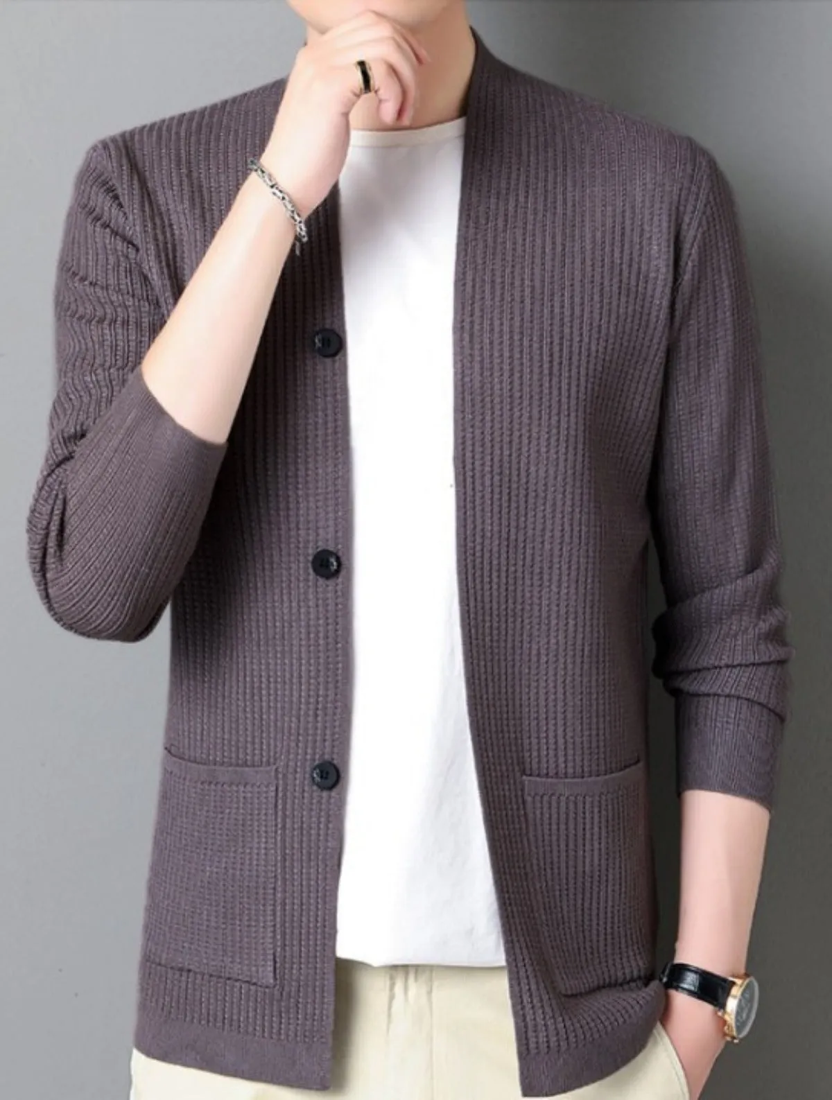 Mens Casual Open Cardigan with Faux Button Design