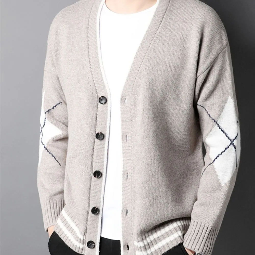 Mens V Neck Cardigan with Criss Cross Elbow Patch