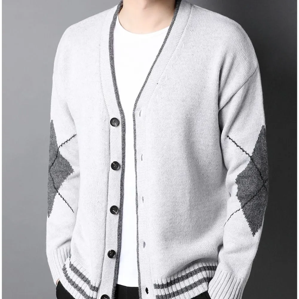 Mens V Neck Cardigan with Criss Cross Elbow Patch