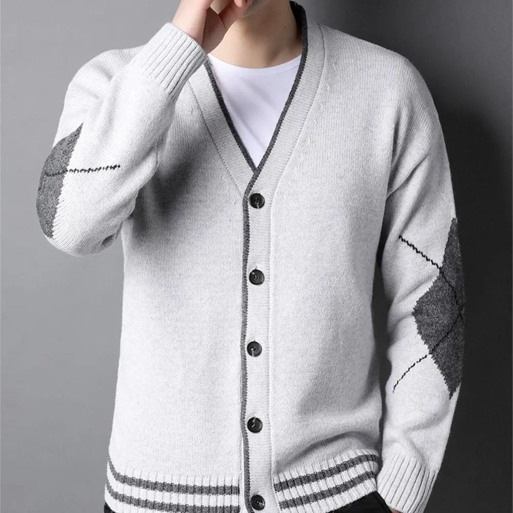 Mens V Neck Cardigan with Criss Cross Elbow Patch