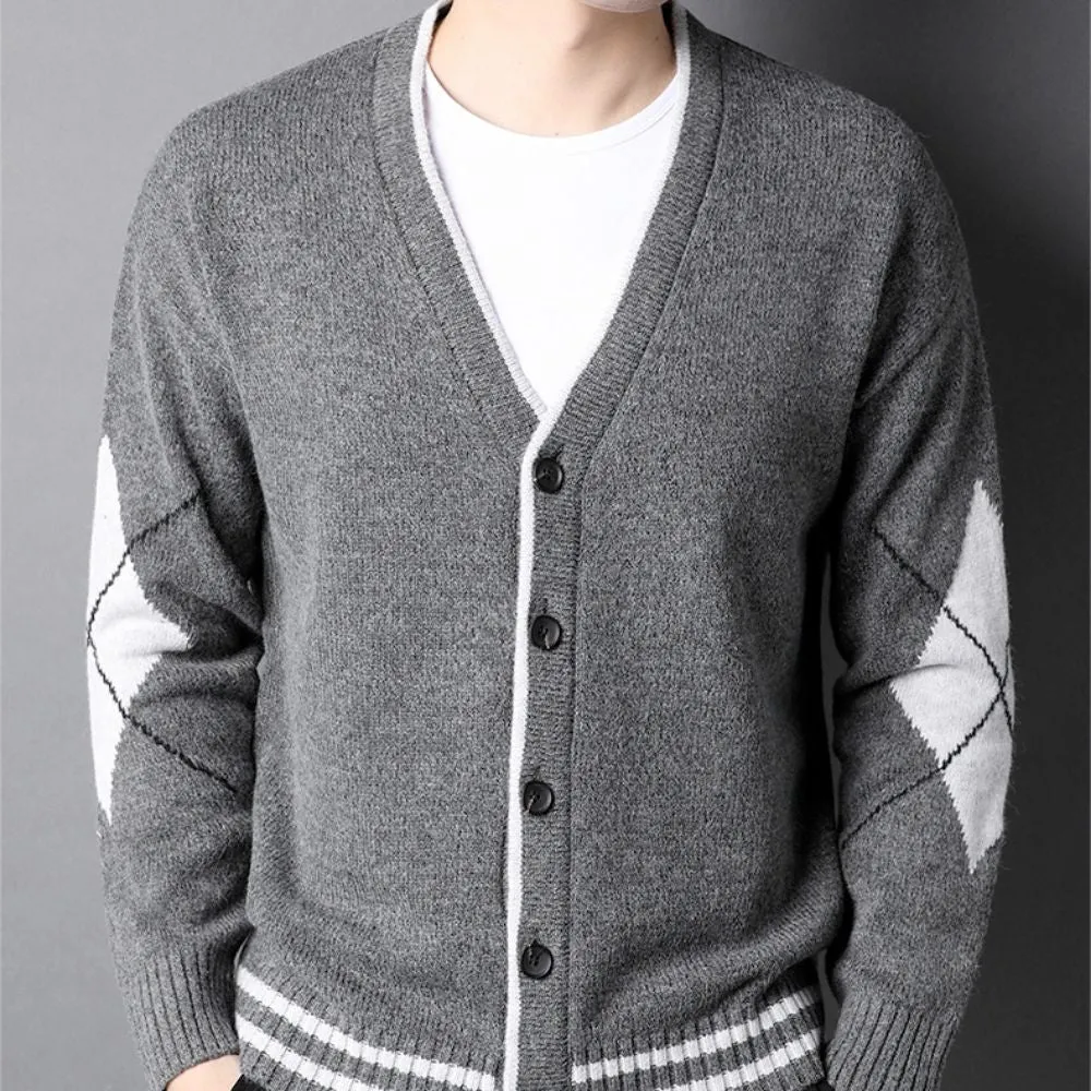 Mens V Neck Cardigan with Criss Cross Elbow Patch