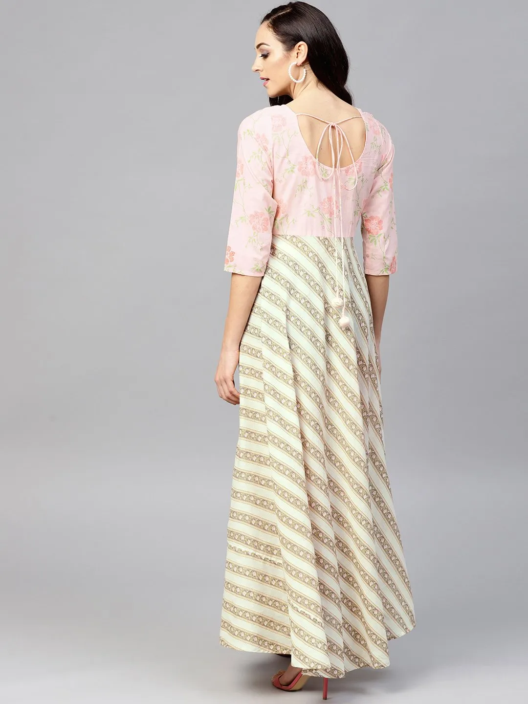 Multi Colored Maxi Dress With Round Neck And 3/4 Sleeves