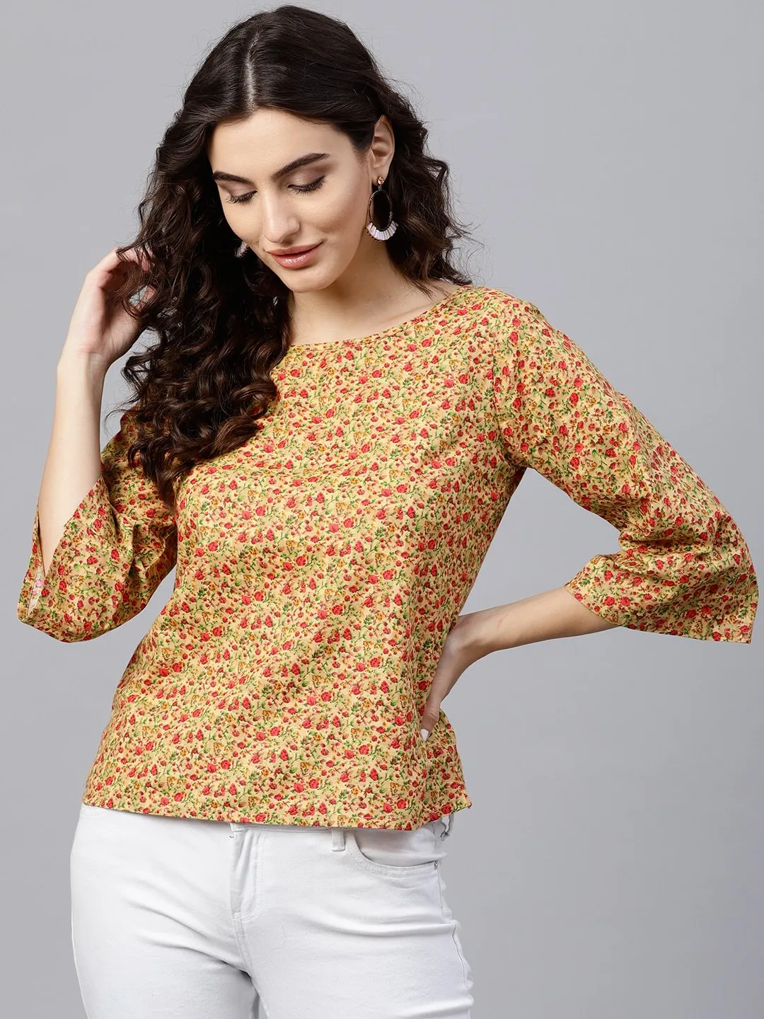 Multi Printed Top With Round Neck And 3/4 Flared Sleeves