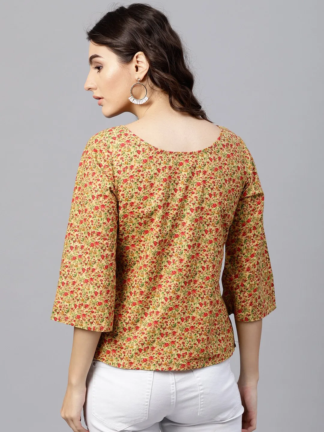 Multi Printed Top With Round Neck And 3/4 Flared Sleeves