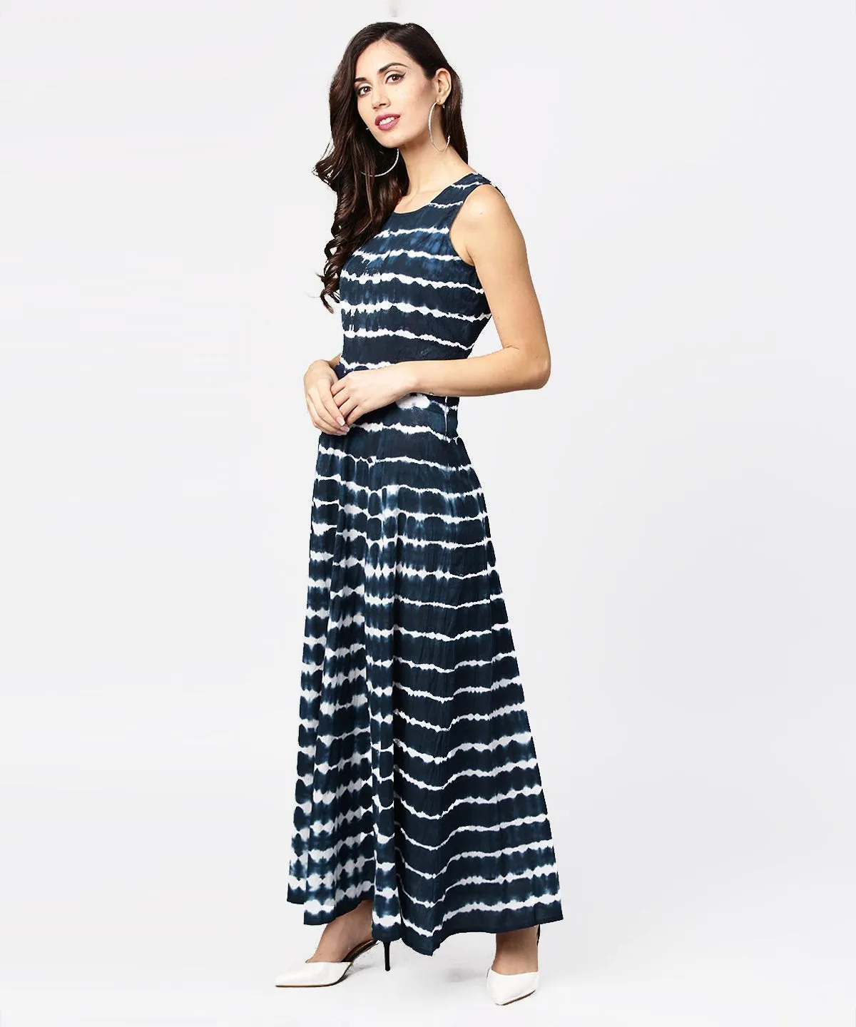 Navy Blue Dyed Half Sleeve Cotton Maxi Dress