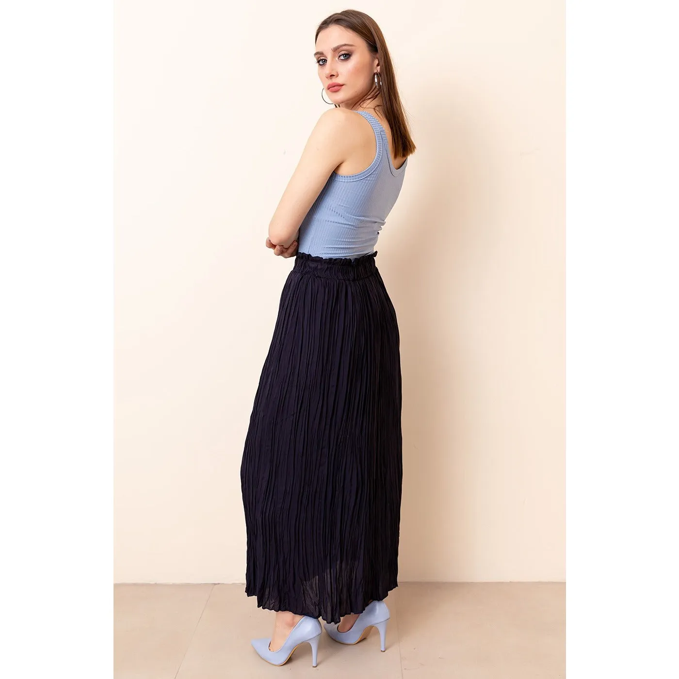 Navy Lined Chiffon Pleated Skirt